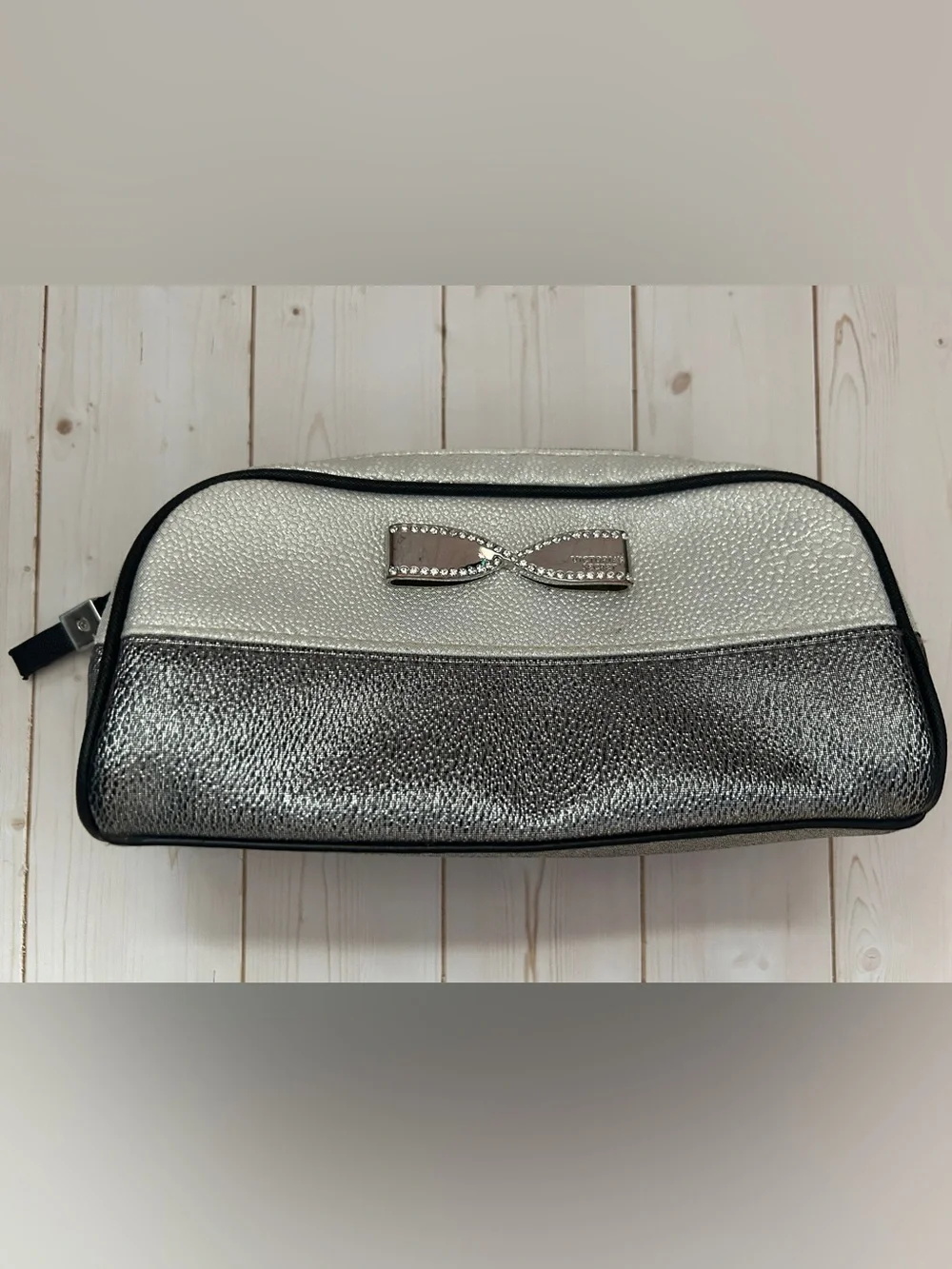 Victoria's Secret Silver Metallic Bow Cosmetic Make Up Bag